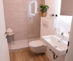 Shower, hair dryer, soap, toilet paper