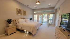 A bedroom with a bed, bedside tables, a TV, and a view of a river through large windows.