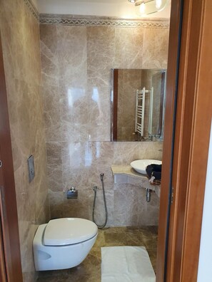 A bathroom with a toilet, a sink, a mirror, and a shower. - Majestic Malaga Apt de Luxe Entre Marsa Carthage (Carthage)