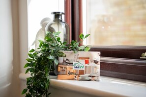 A window sill with a potted plant, a glass bottle, a framed picture, and a brochure.