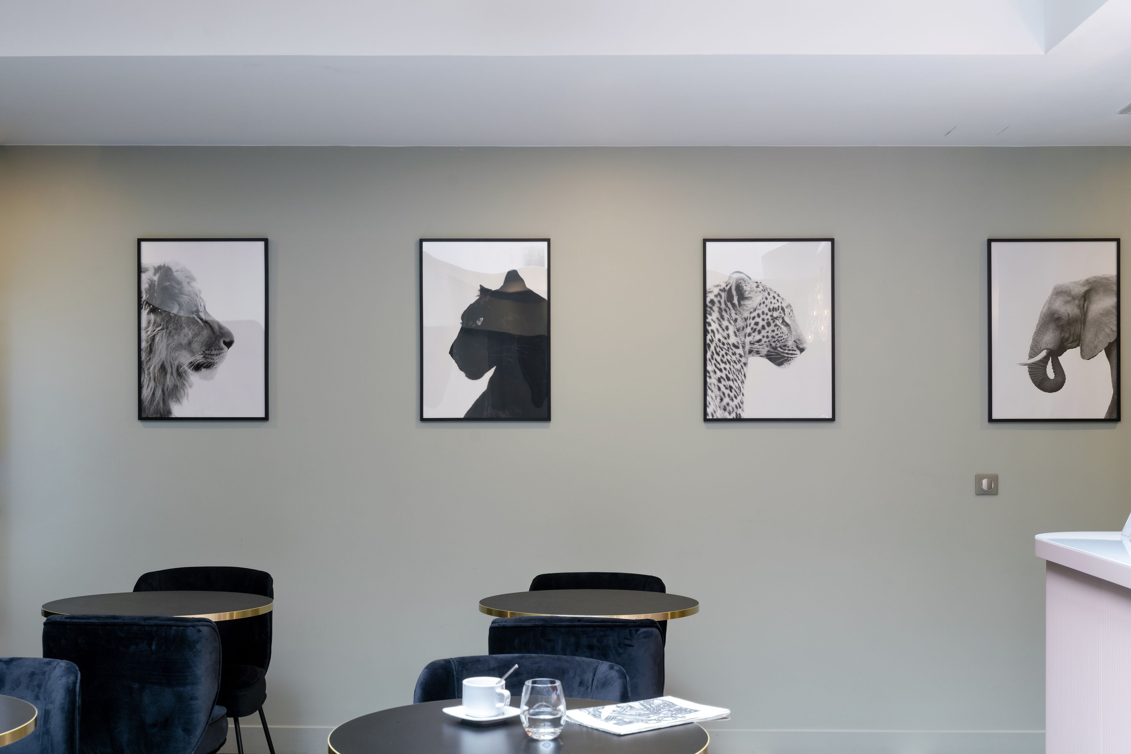 A modern room with four framed animal portraits on the wall, two round tables with chairs, and a reception desk.