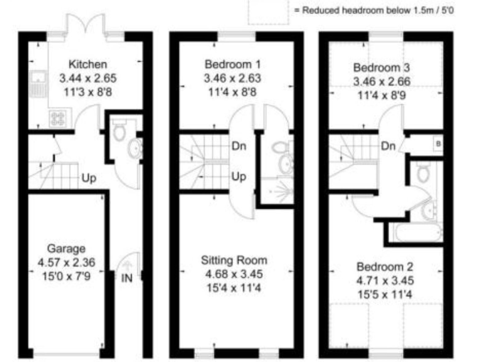 Een plattegrond van een huis met een keuken, drie slaapkamers, een zithoek en een garage.