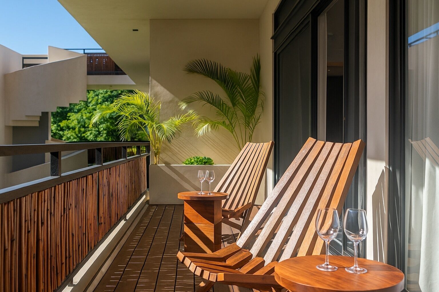 A balcony with wooden furniture, including a chair and a small table, and two wine glasses on the table.