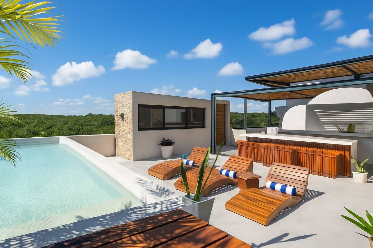 Ein Poolbereich auf dem Dach mit modernem Design, inklusive Pool, Liegestühlen und Grillplatz.