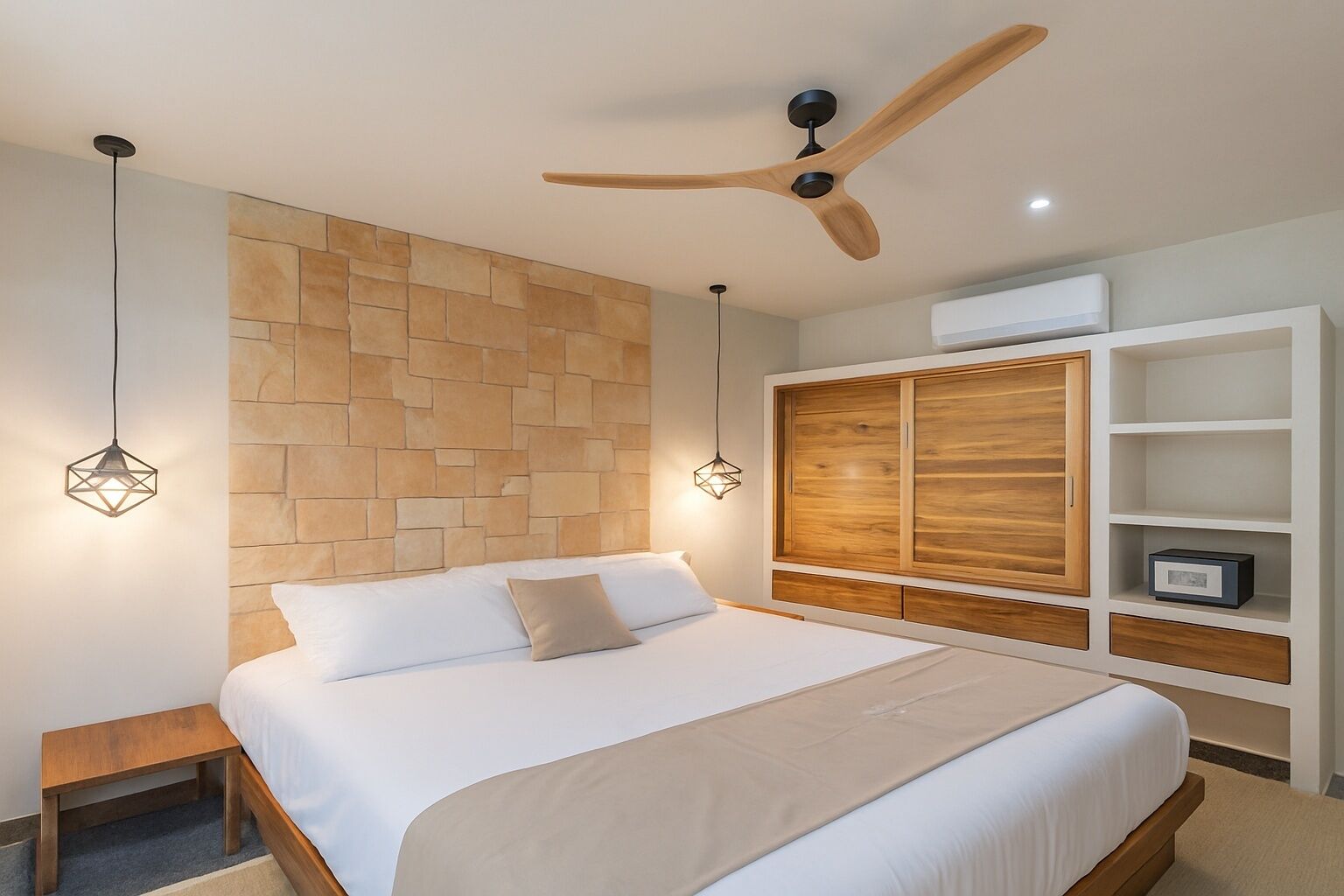 A bedroom with a large bed, wooden headboard, built-in wardrobe, and pendant lights.