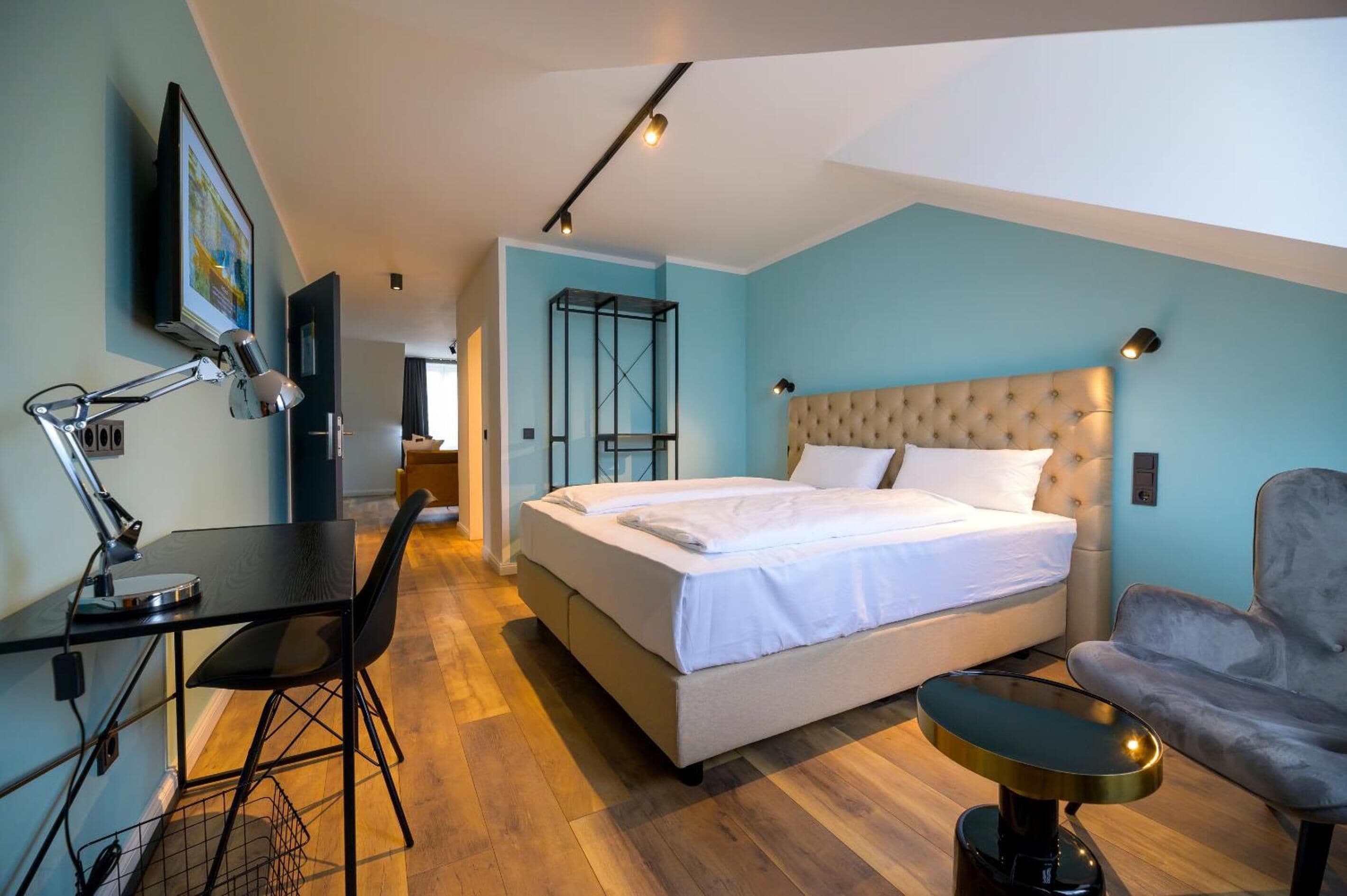 hypo-allergenic bedding, desk, blackout curtains, soundproofing