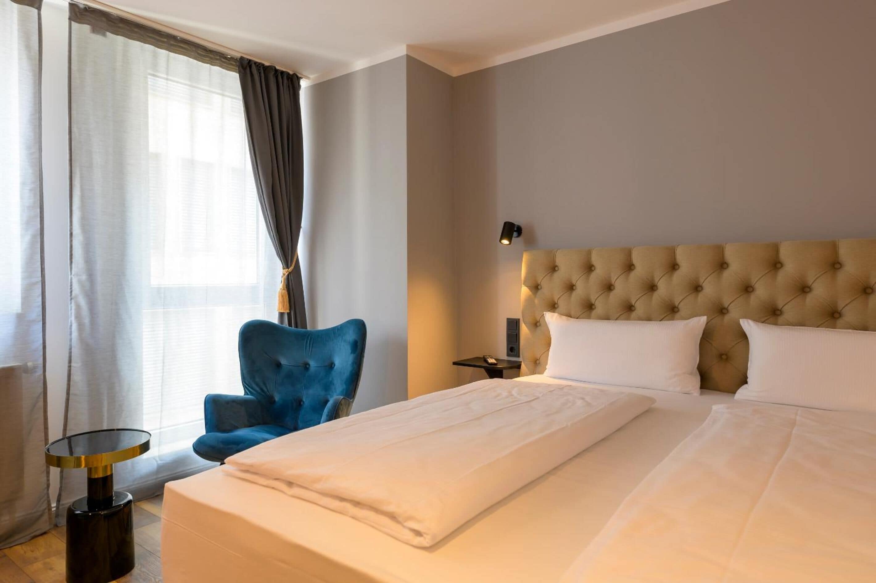 hypo-allergenic bedding, desk, blackout curtains, soundproofing