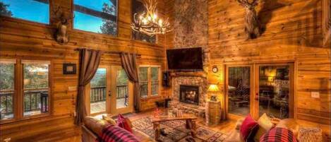 Flat-screen TV, fireplace, video games, stereo