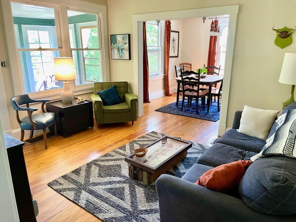 Smart TV, fireplace, books