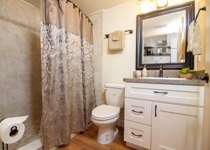 A bathroom with a toilet, a sink with a mirror, and a shower curtain. - Charming Cottage ~ Steps to the Beach ~ Pet Friendly (Saint Augustine)