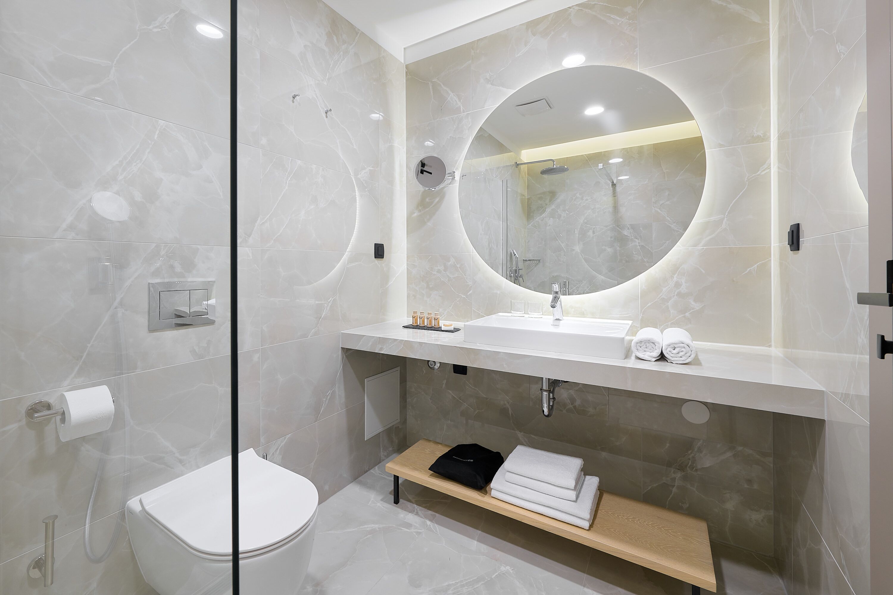 shower, rainfall showerhead, designer toiletries, hair dryer