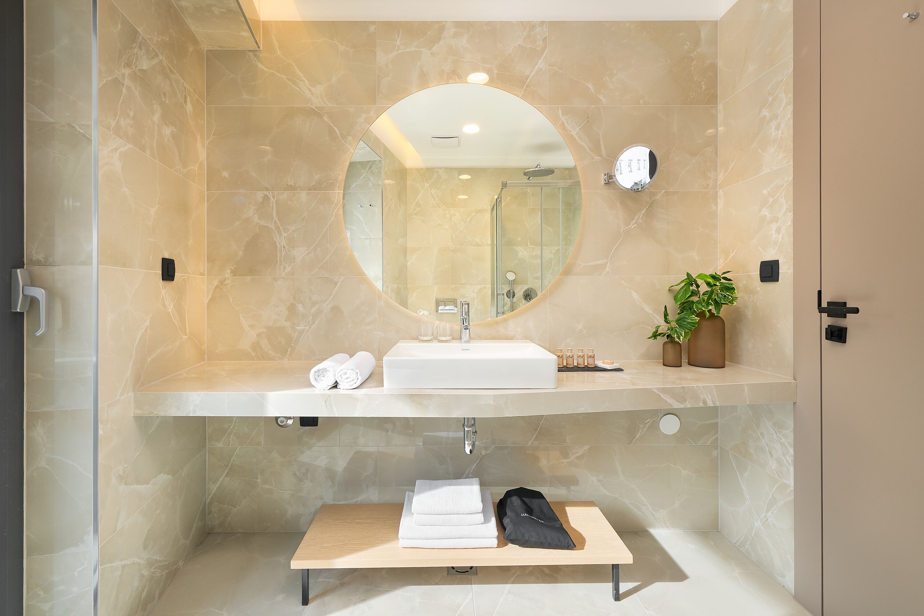 panoramic double room | bathroom | shower, rainfall showerhead, designer toiletries, hair dryer