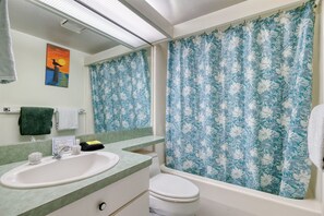Combined shower/tub, hair dryer, towels