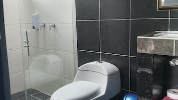 Shower, hair dryer, towels, soap