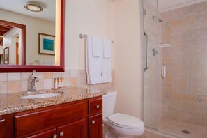 Une salle de bain avec un lavabo surmonté d’un plan de travail en granit, des toilettes blanches, une douche en verre et un grand miroir.