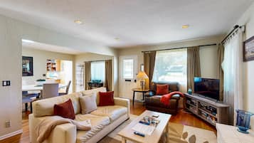 TV, fireplace, books, stereo