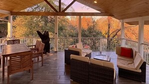 Ein überdachter Patio-Bereich mit Holzboden, Korbmöbeln und Blick auf Herbstbäume.