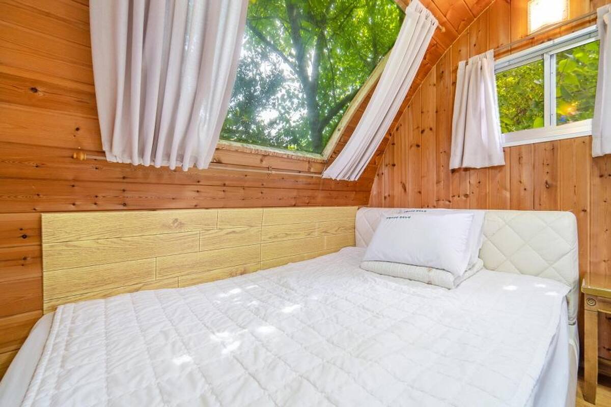Una habitación de cabaña de madera con una cama, una ventana con cortinas y vistas a árboles.