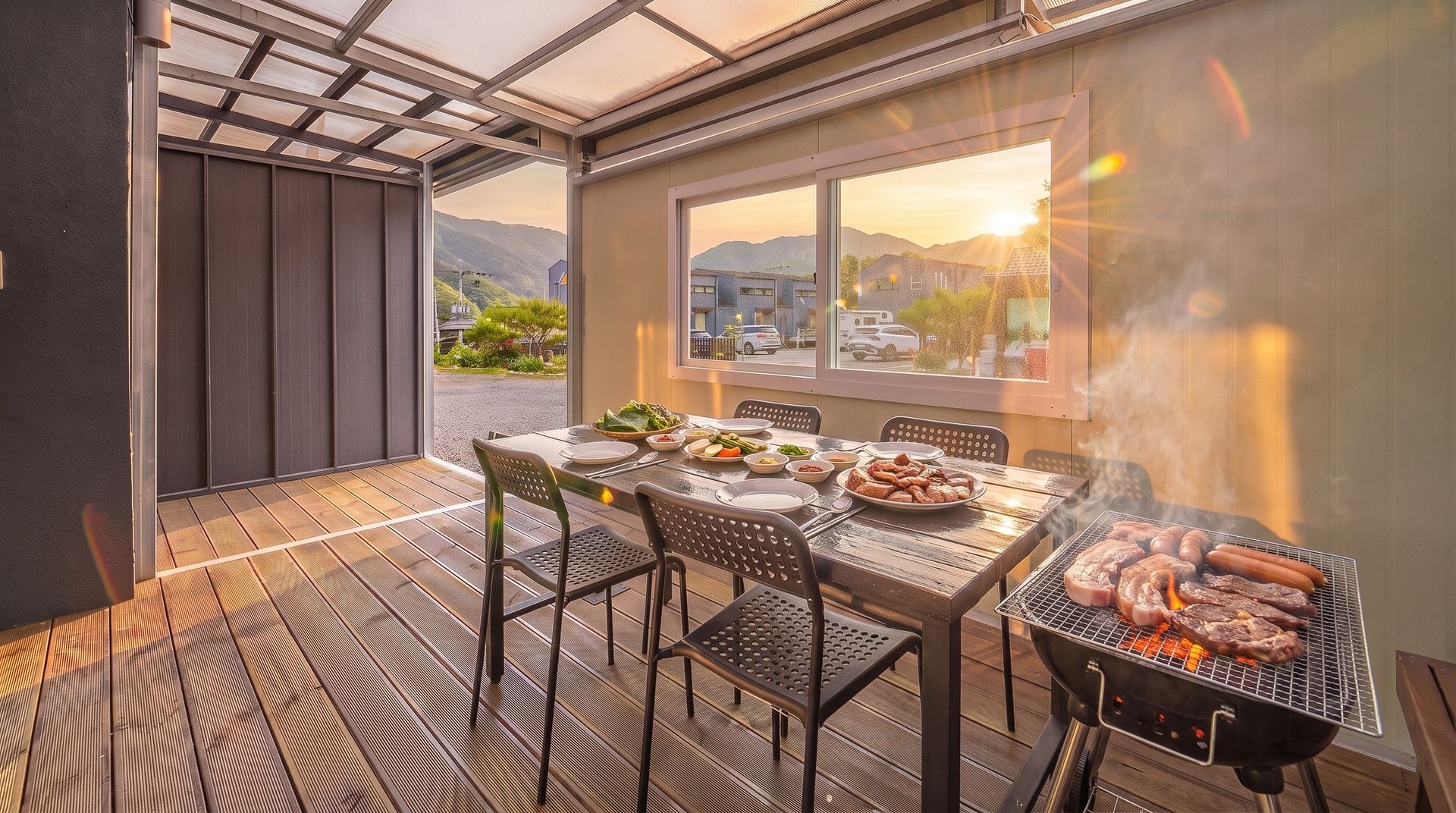 An outdoor dining area with a grill, wooden flooring, and a view of the landscape.