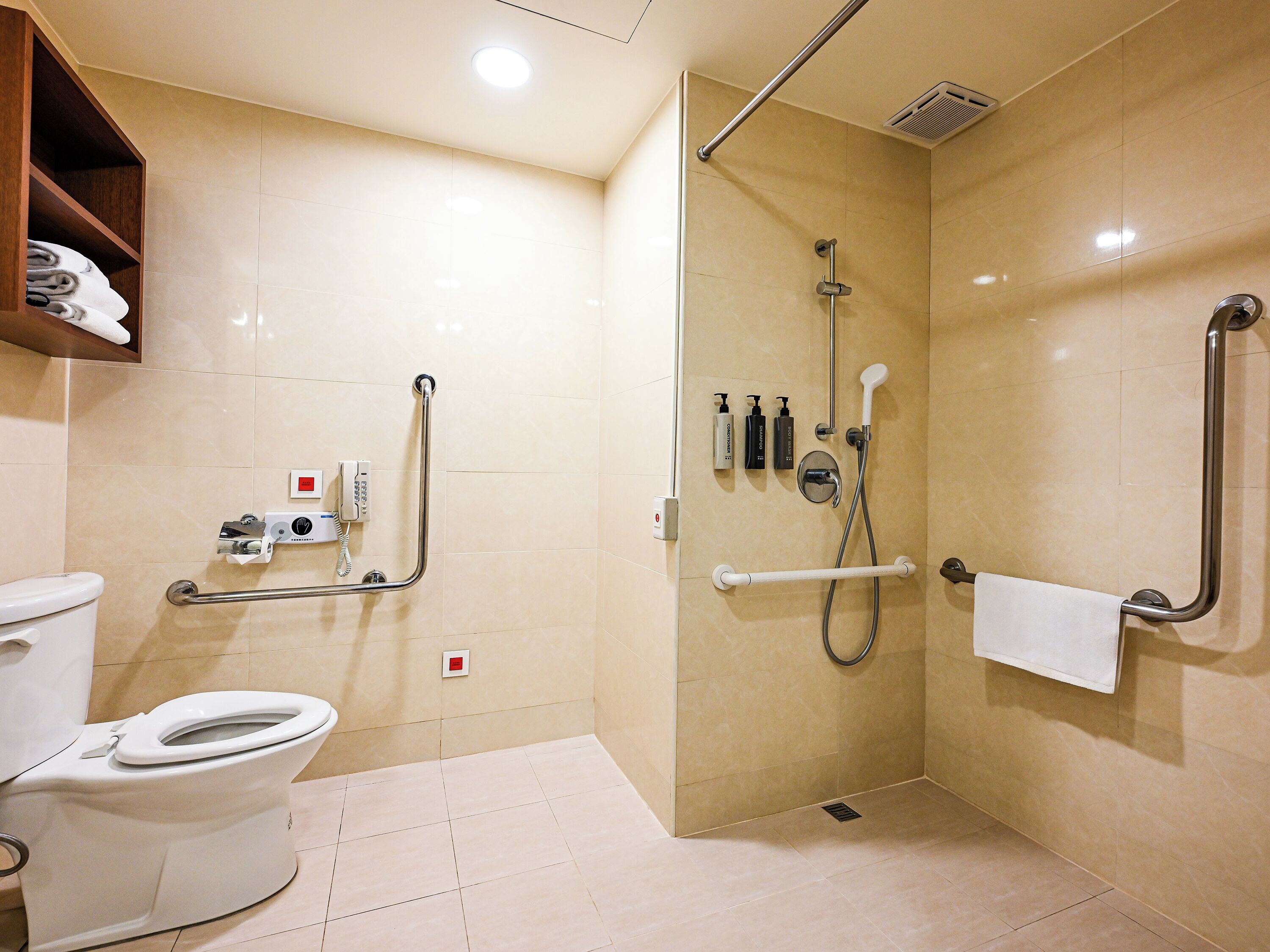Un baño con inodoro, ducha con barras de apoyo y toallero.