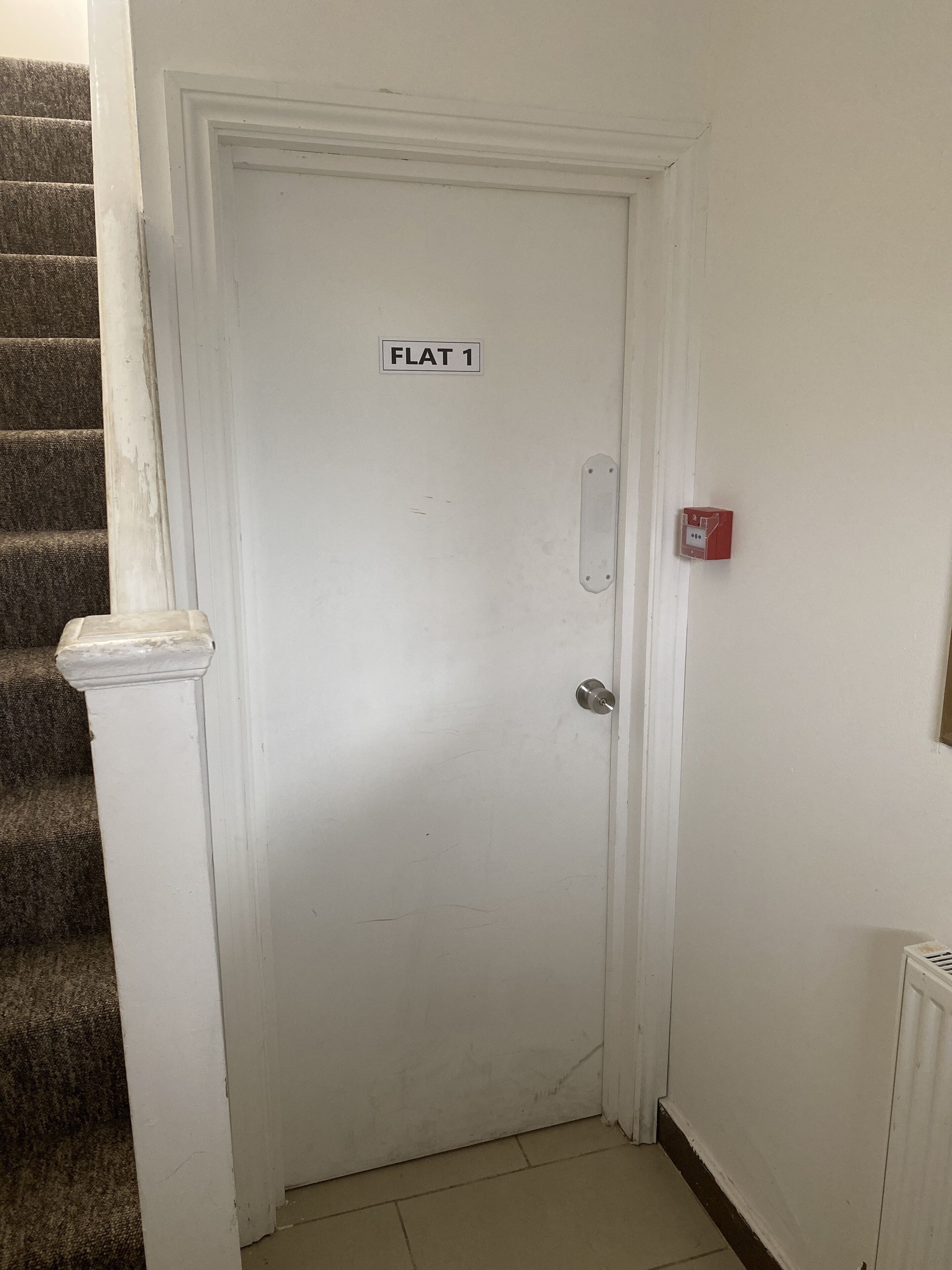 A white door labeled "FLAT 1" with a metal handle, a red emergency box on the wall, and a carpeted staircase to the left.