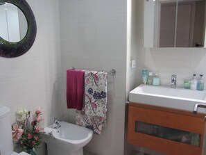 Ducha y bañera combinadas, secador de pelo y toallas