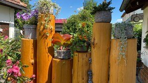 Ein Holzzaun mit verschiedenen Blumentöpfen und Blumen.