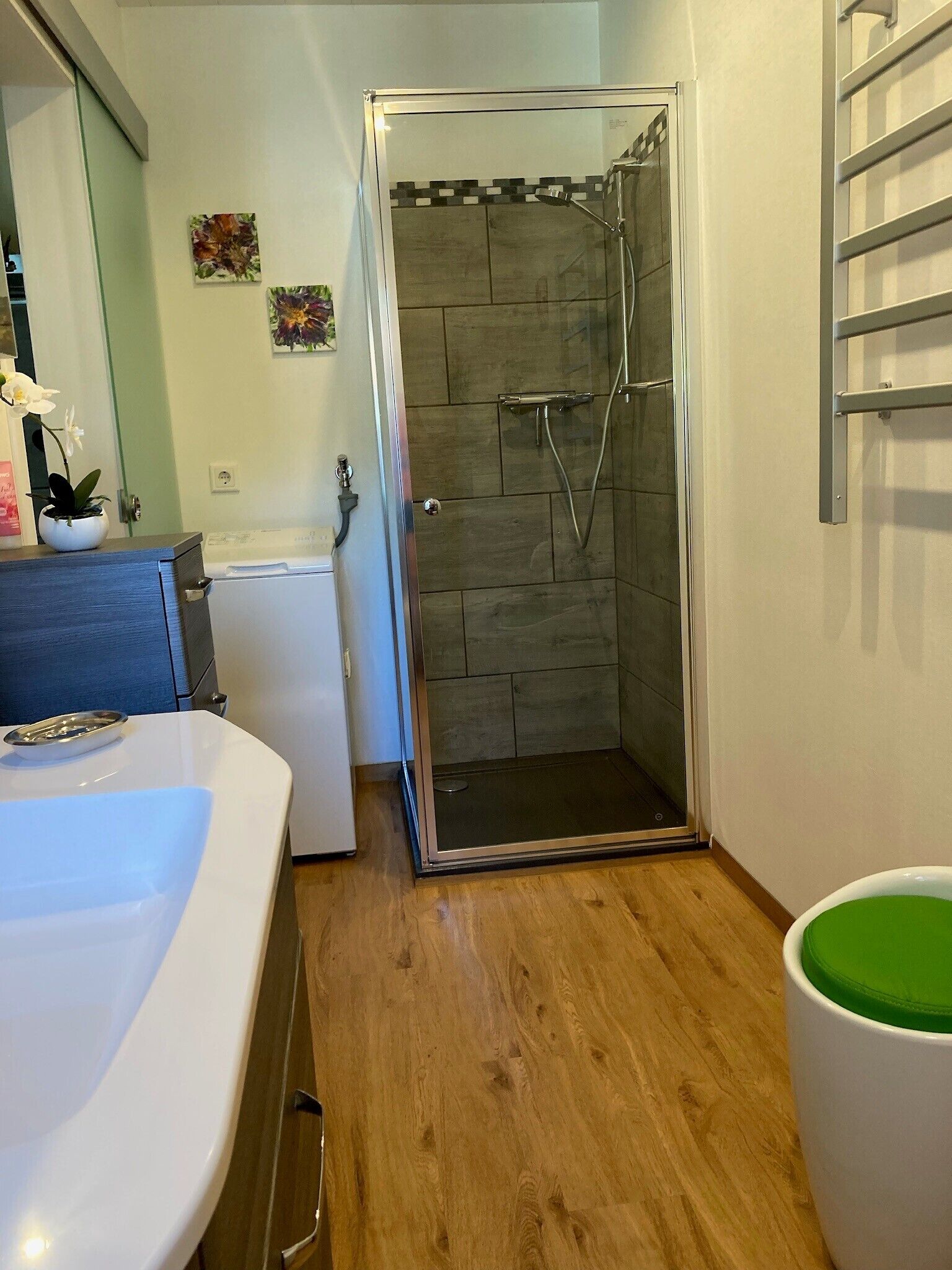 Une salle de bain avec une douche, un lavabo, un petit appareil électroménager blanc et une plante.