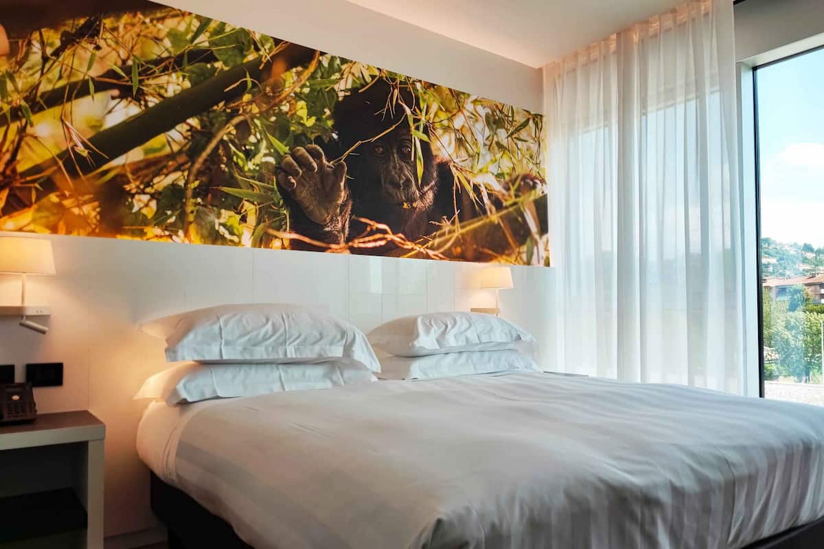 A modern hotel room with a large bed, two bedside tables, and a large window with a view of the outside.