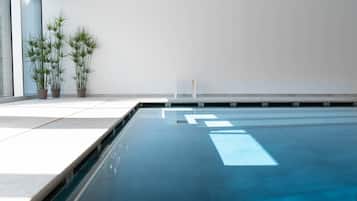 A swimming pool with clear water, surrounded by potted plants and a white wall.
