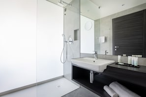 Shower, rainfall showerhead, free toiletries, hair dryer