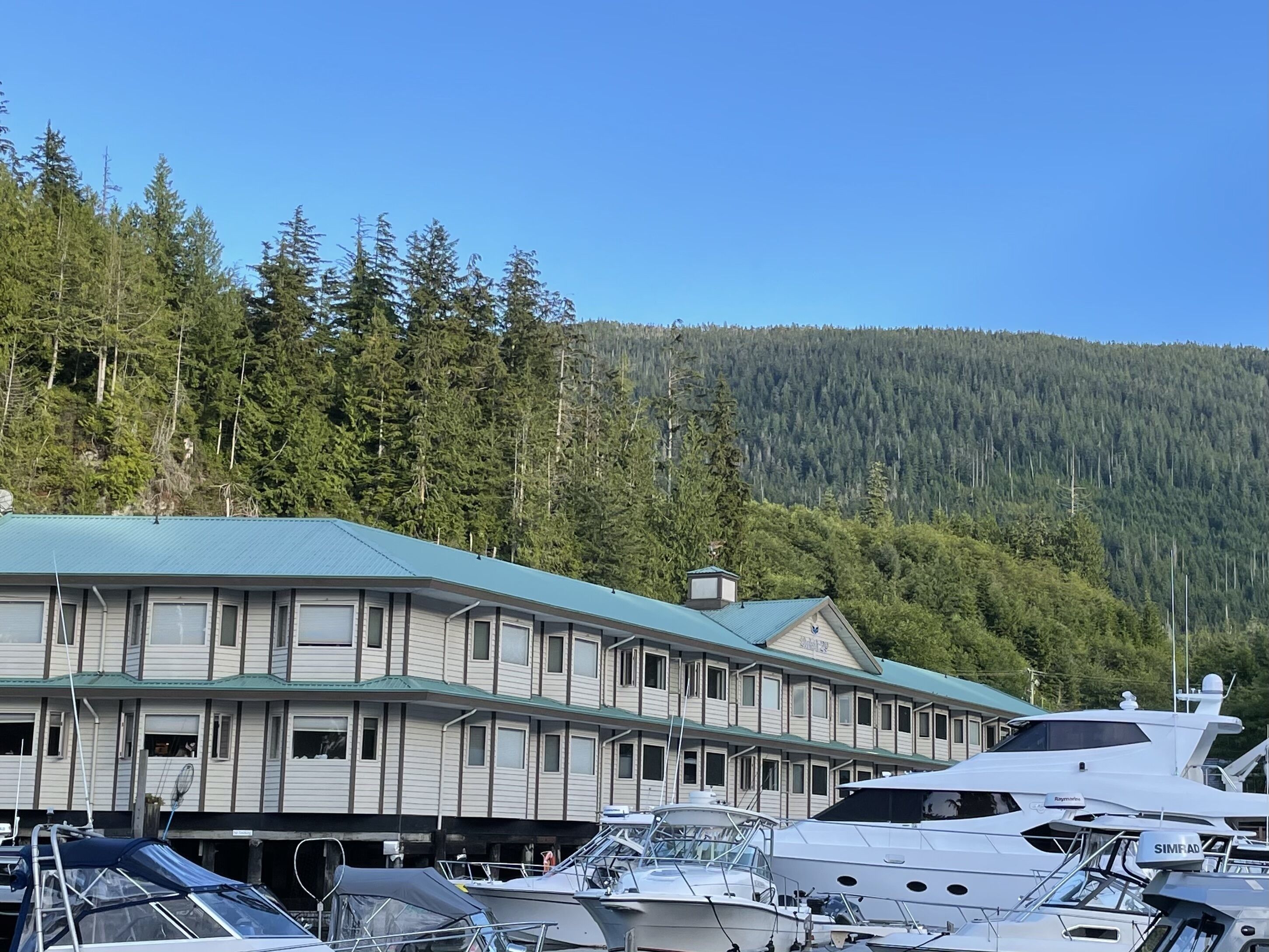 Un port de plaisance où sont amarrés plusieurs yachts, un bâtiment doté d’un toit végétalisé et, au loin, une colline boisée.