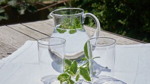 Une carafe transparente contenant des feuilles de menthe, posée sur un tissu blanc, accompagnée de deux verres vides.