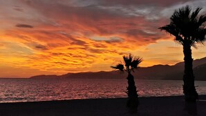 Een zonsondergang boven een strand met palmbomen en bergen op de achtergrond.