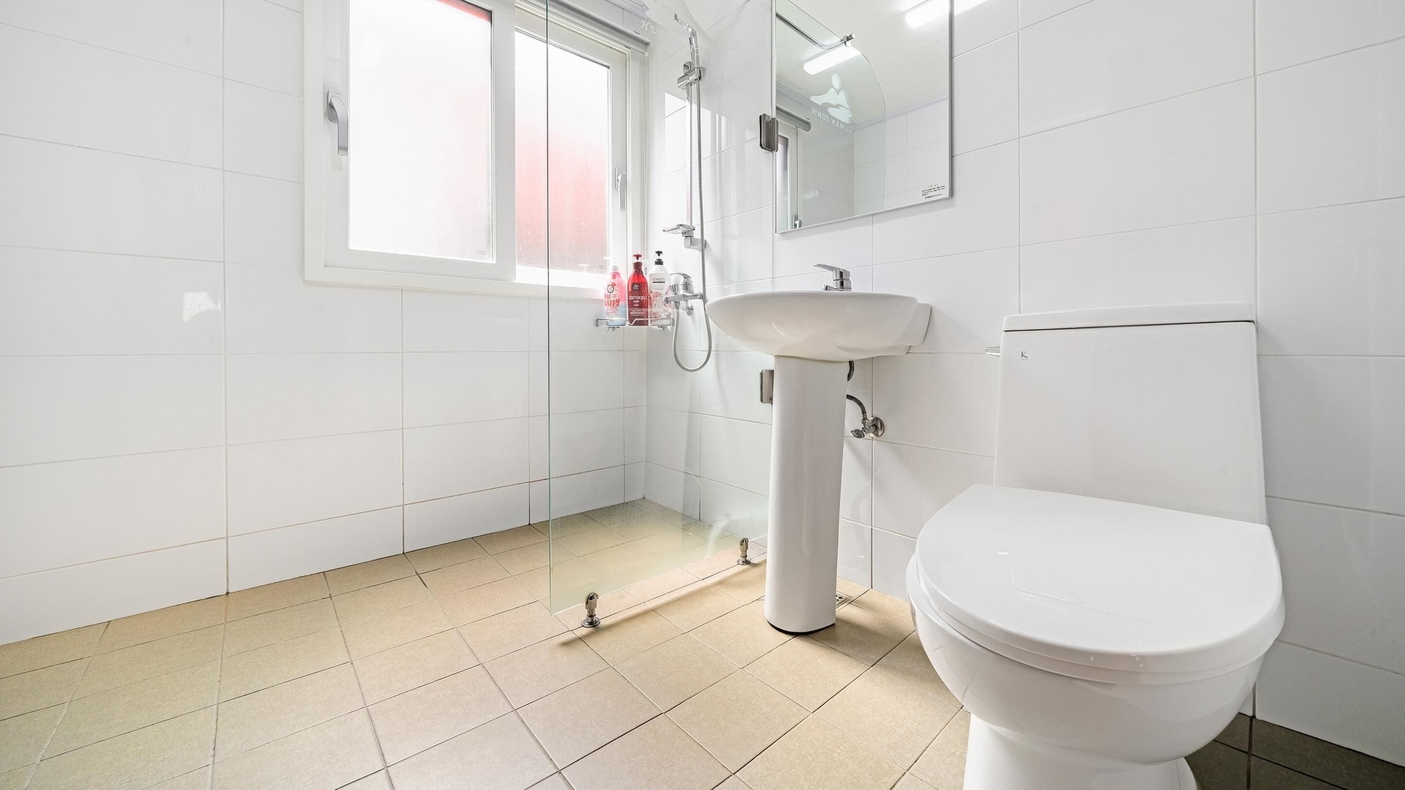 Kylpyhuone, jossa on wc, pesuallas ja suihku.