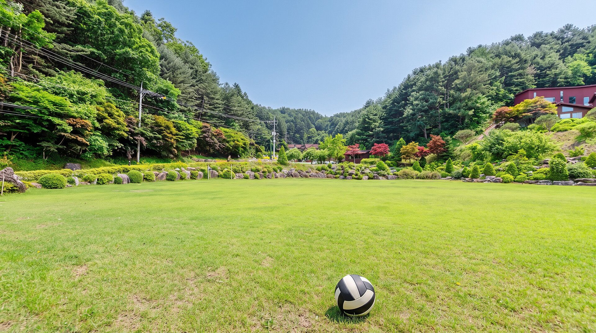 A grassy field with a volleyball in the foreground and a red building in the background.