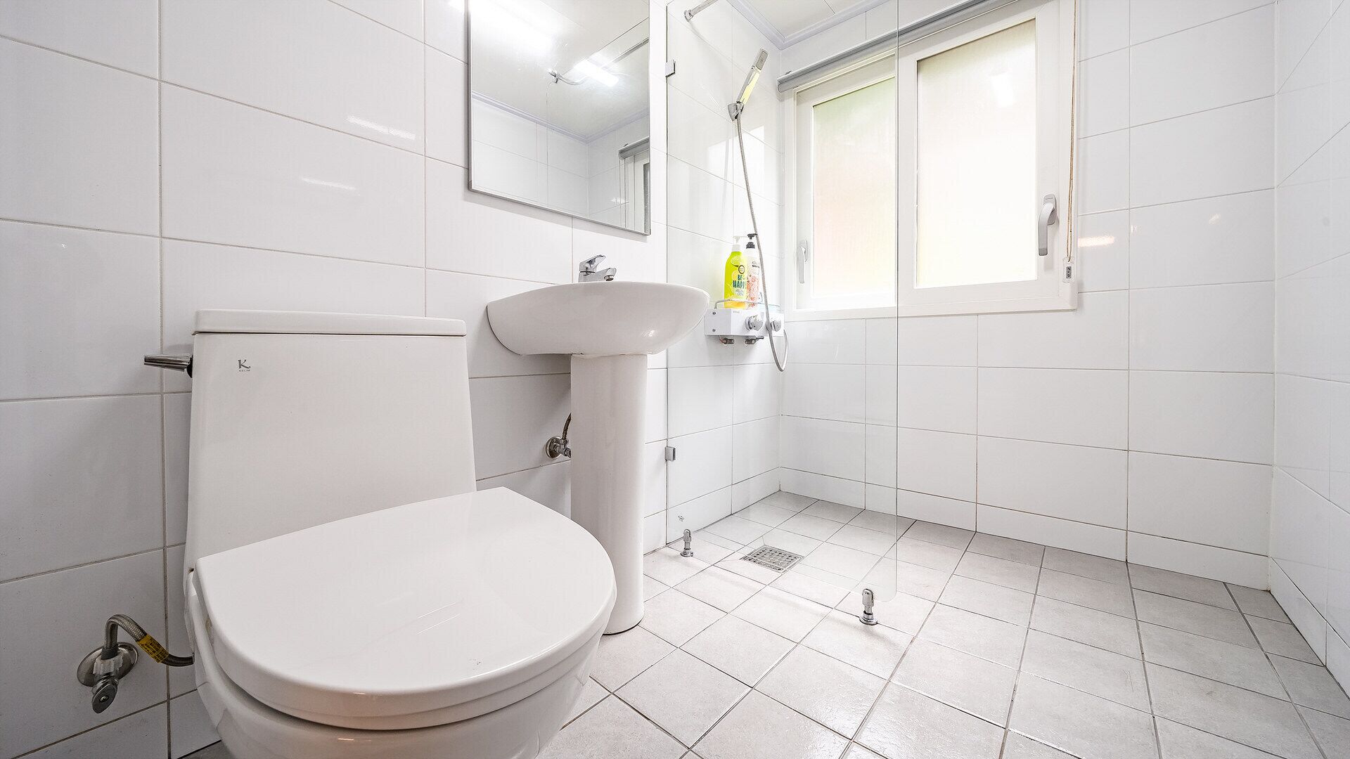 Ein Badezimmer mit Toilette, Waschbecken und Dusche.