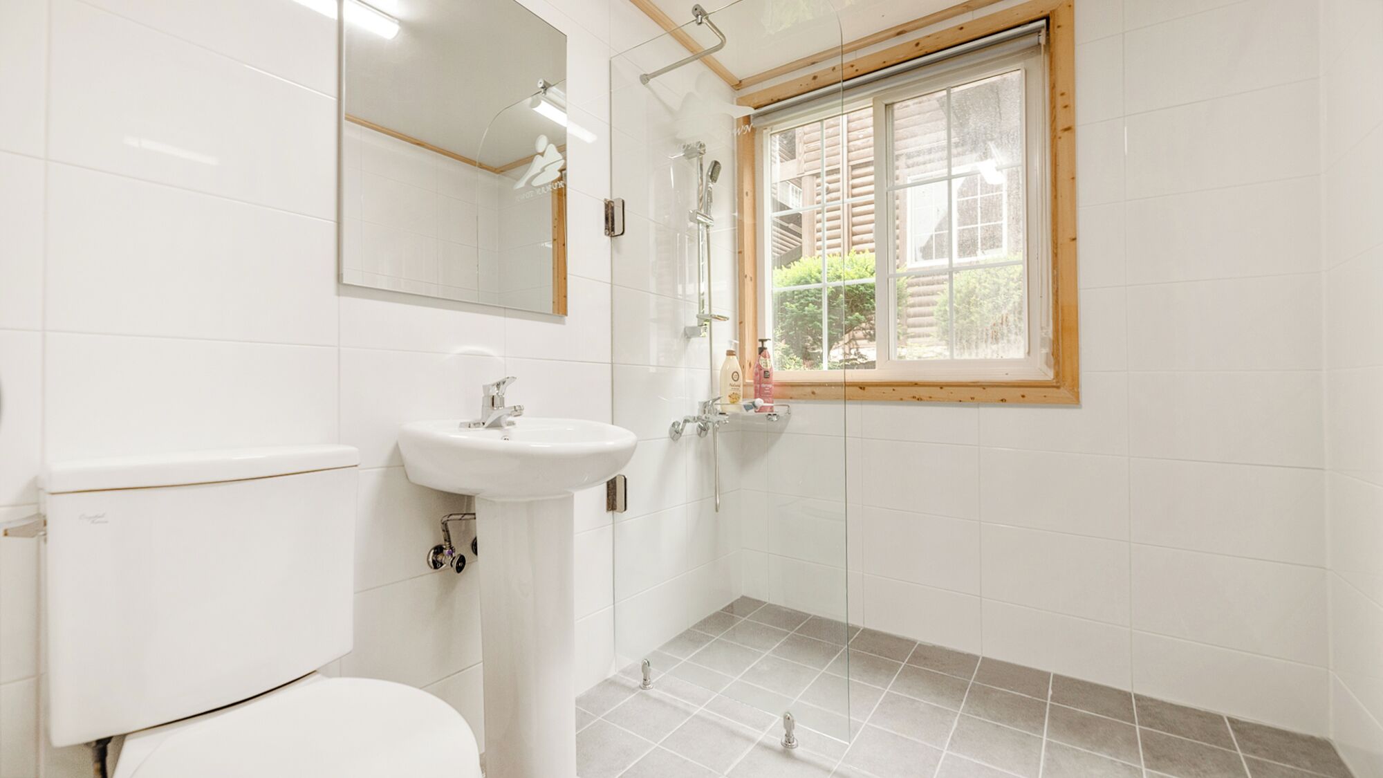 Une salle de bain avec des toilettes, un lavabo et une douche.