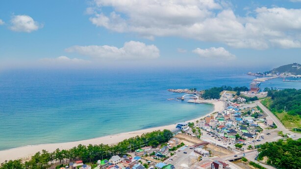 An aerial view of a coastal town with a beach, a bridge, and a mix of residential and commercial buildings. - Samcheok Dasarang Pension (Samcheok)