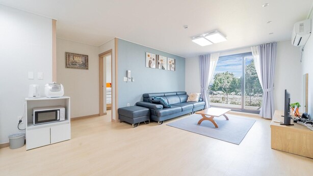 A modern living room with a grey sofa, a coffee machine, a microwave, and a large window with curtains.