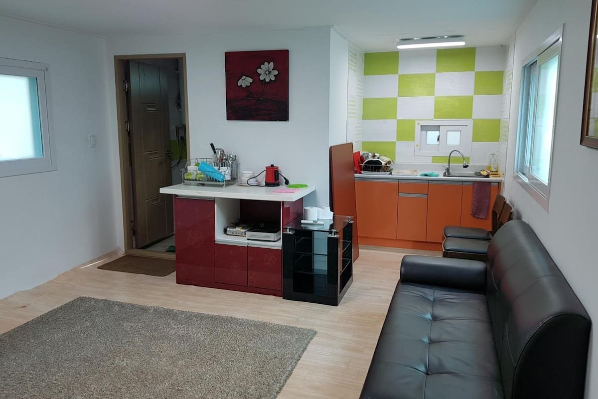 Un espace de vie compact comprenant un coin cuisine, un canapé et un tapis.