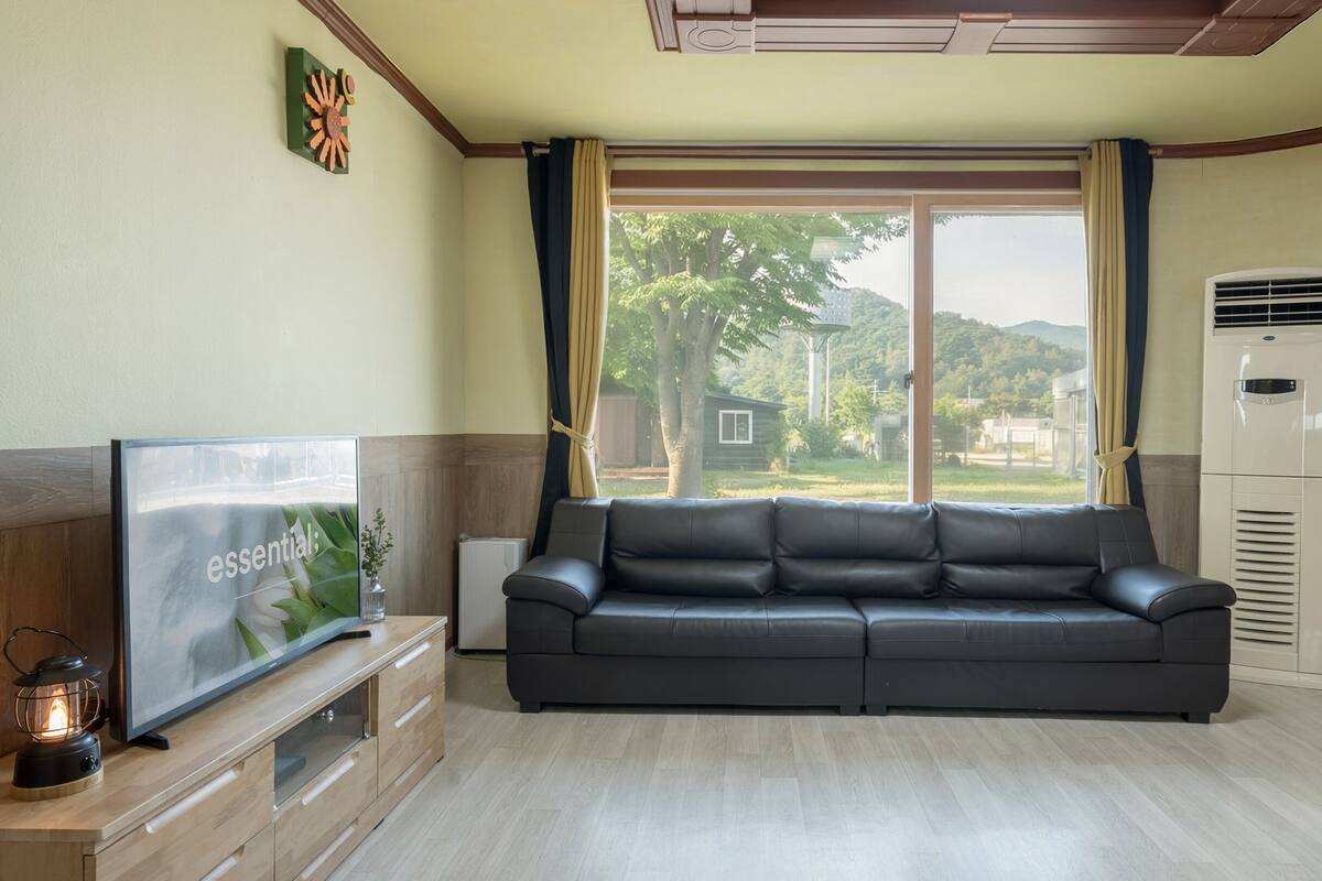 A living room with a black leather sofa, a flat-screen TV, a radiator, and a window with curtains.