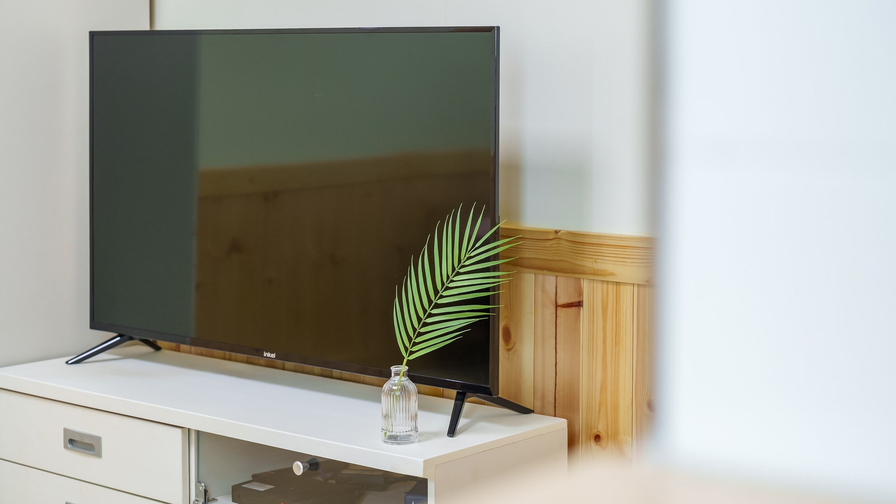 Uma televisão de tela plana sobre um armário branco, com um vaso de vidro contendo uma planta verde.