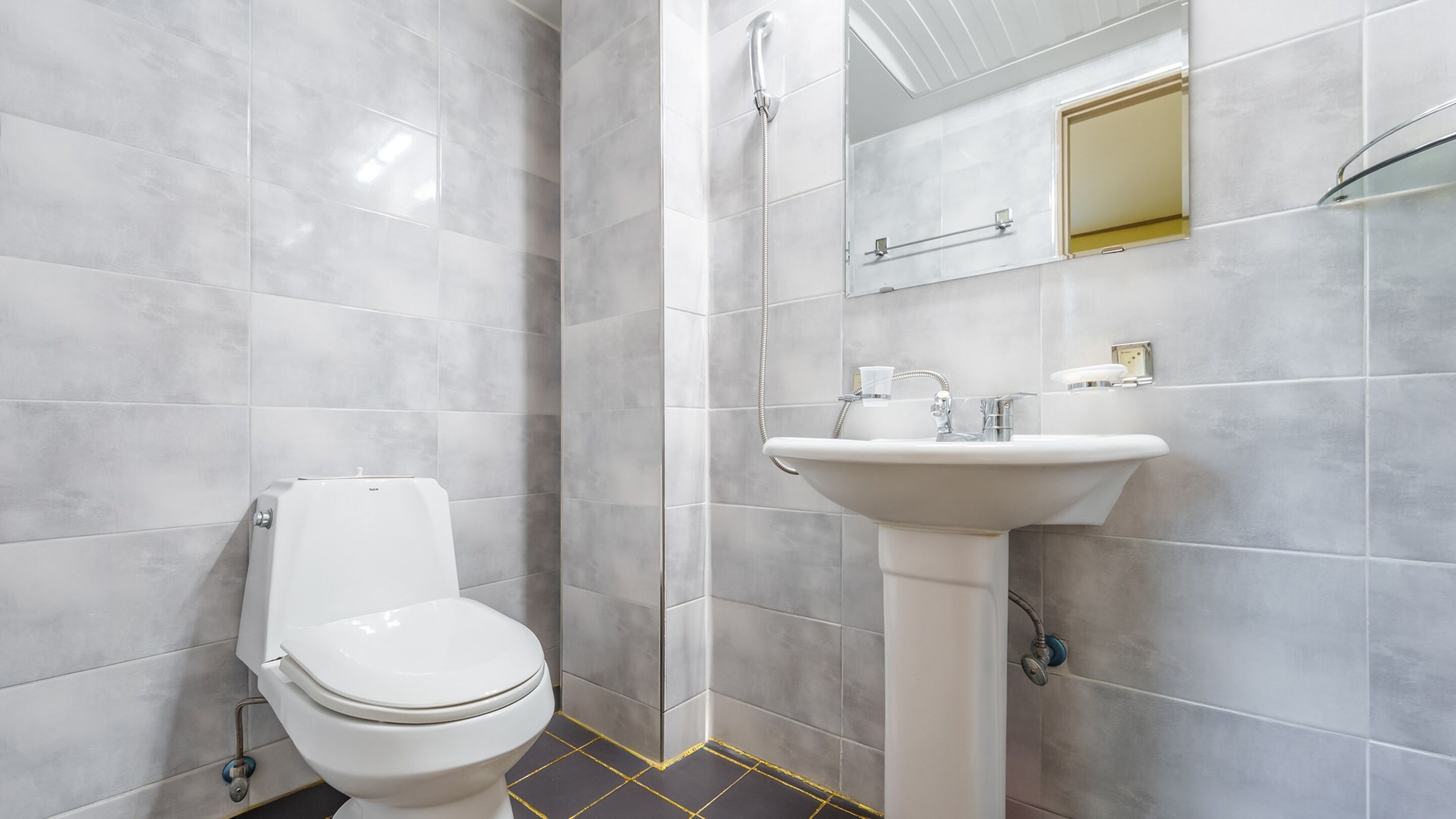 A bathroom with a toilet, a sink, and a shower.