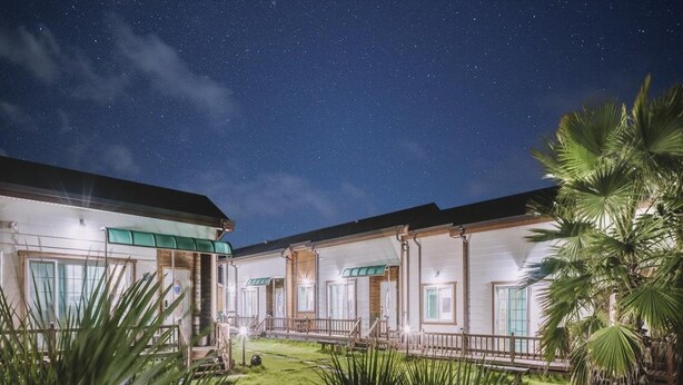 Un hotel con un área exterior cubierta, palmeras y un cielo nocturno estrellado.