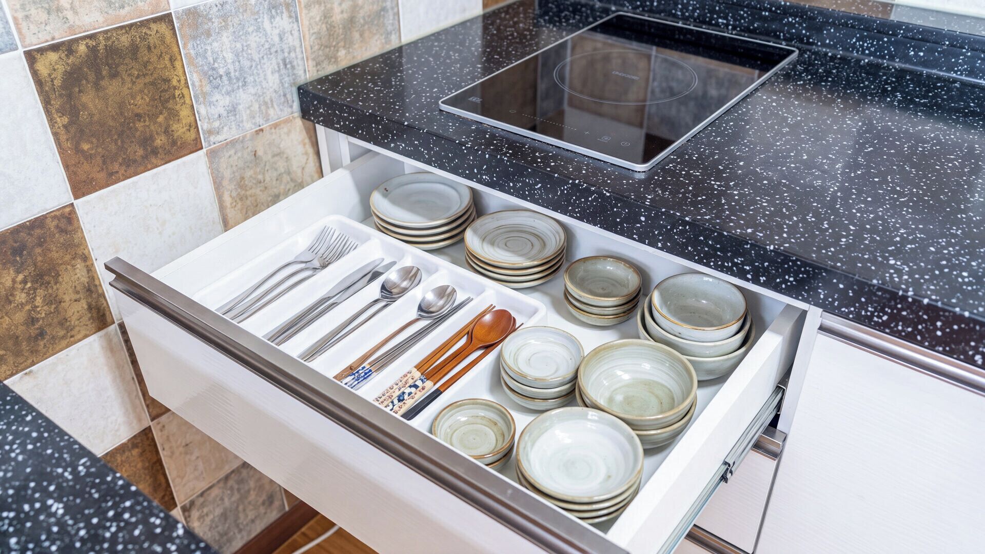 A kitchen drawer with neatly organized utensils and plates.