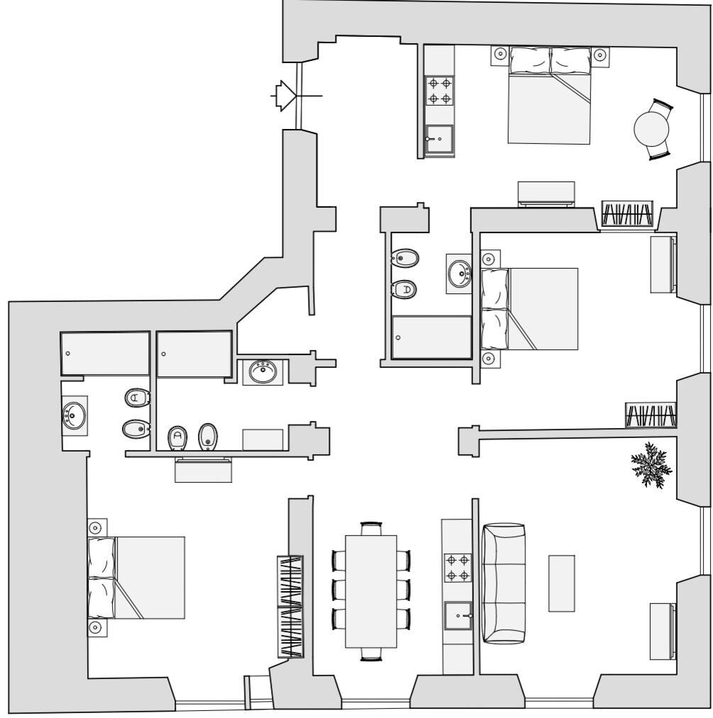 A hotel floor plan with a dining area, kitchen, and a bathroom.
