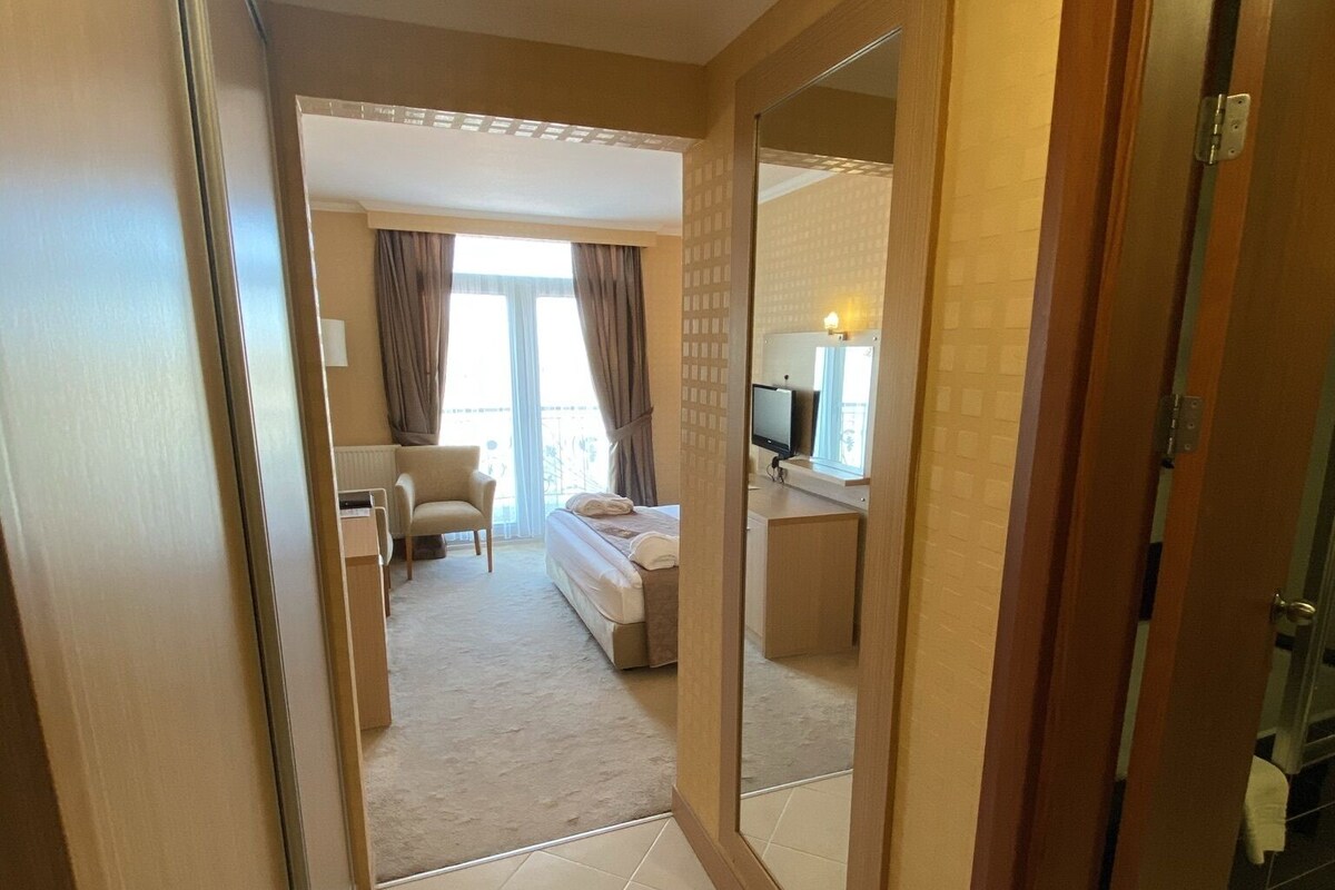 A hotel room with a bed, a desk, a chair, a TV, and a large mirror.