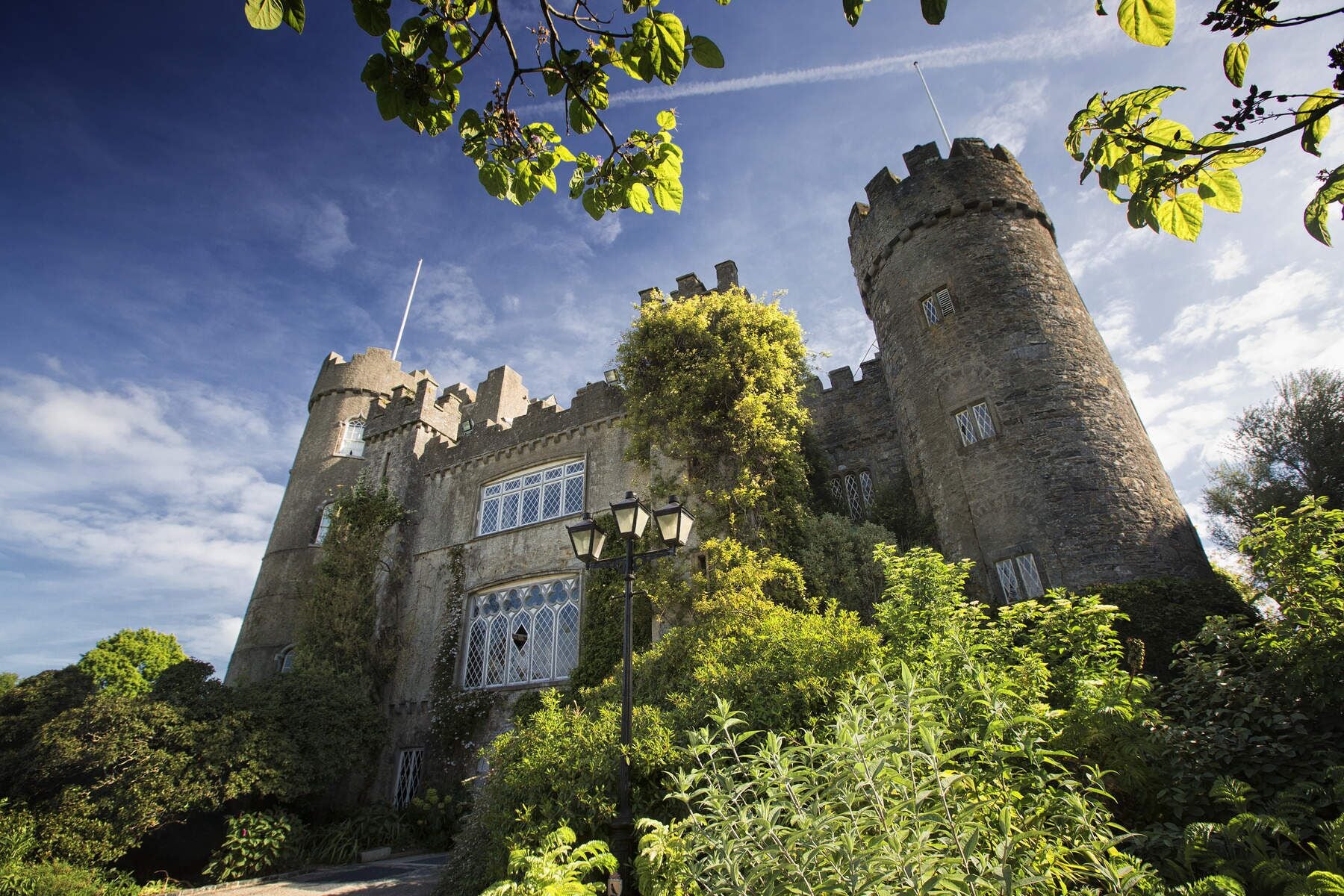 A historic castle with two prominent towers, a large arched window, and lush greenery surrounding the structure.