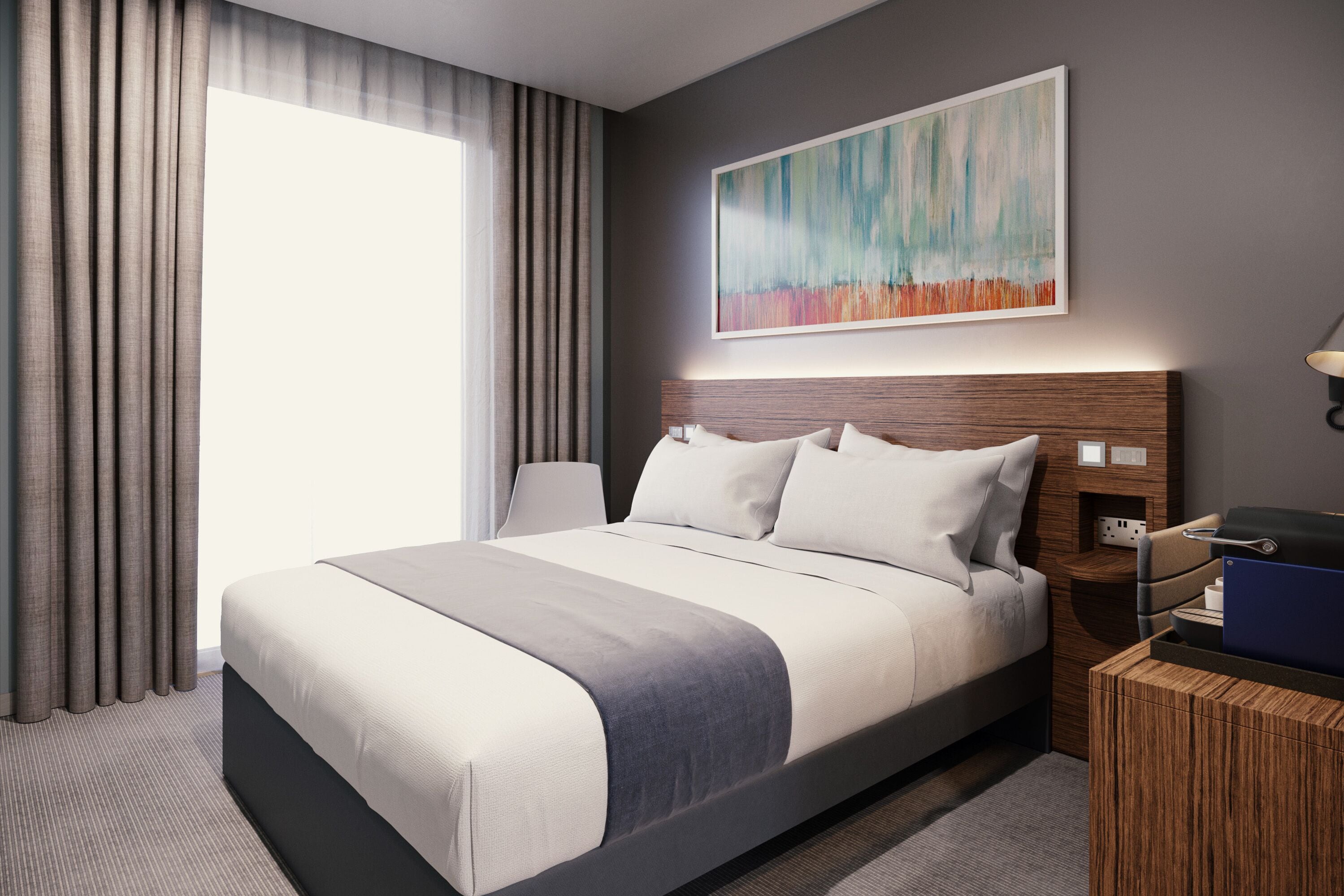 A modern hotel room with a large bed, a nightstand, a lamp, and a painting on the wall.